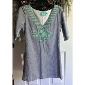 Judith March Blue and White Pinstriped Dress Mint Green Embroidery Size Small